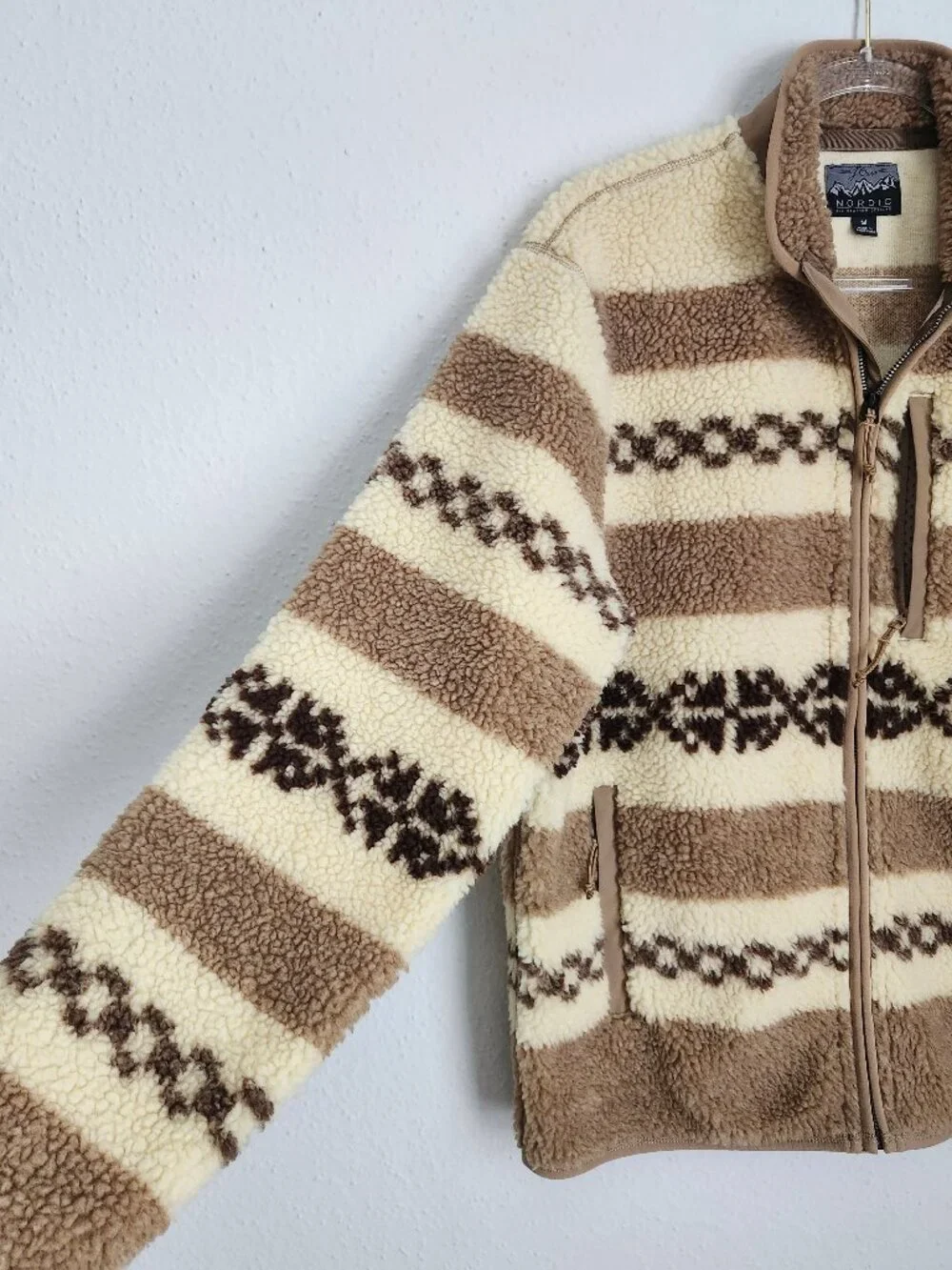 J.CREW Nordic Fair-Isle Sherpa Fleece Full-Zip Brown/Cream Striped Jacket M